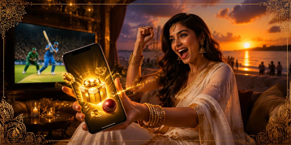 Indian woman in saree registering online for cricket bets during festival